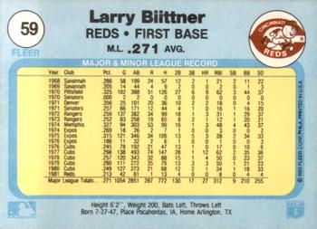 1982 Fleer #59 Larry Biittner Back