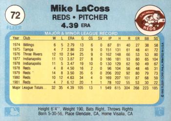 1982 Fleer #72 Mike LaCoss Back