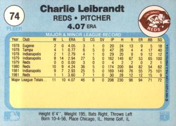 1982 Fleer #74 Charlie Leibrandt Back