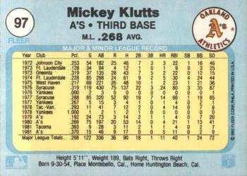 1982 Fleer #97 Mickey Klutts Back
