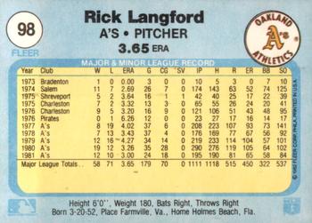 1982 Fleer #98 Rick Langford Back