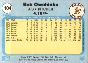 1982 Fleer #104 Bob Owchinko Back