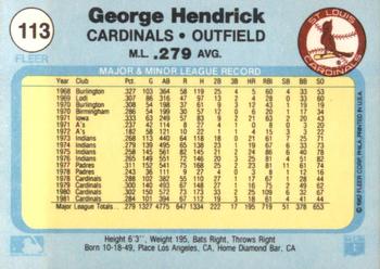 1982 Fleer #113 George Hendrick Back