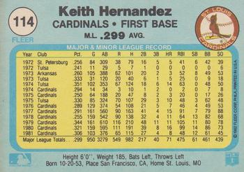 1982 Fleer #114 Keith Hernandez Back
