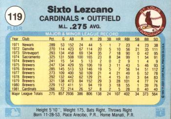 1982 Fleer #119 Sixto Lezcano Back