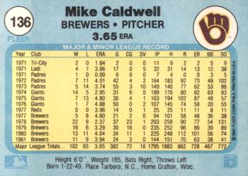 1982 Fleer #136 Mike Caldwell Back