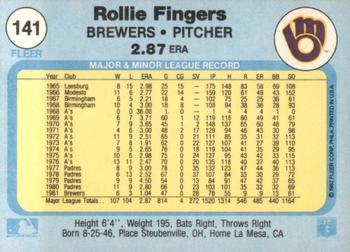 1982 Fleer #141 Rollie Fingers Back