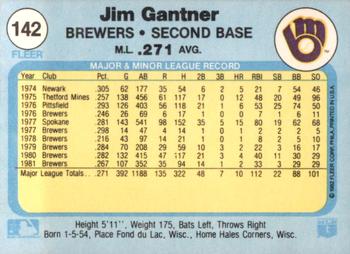 1982 Fleer #142 Jim Gantner Back