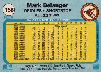 1982 Fleer #158 Mark Belanger Back