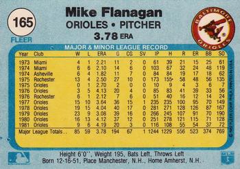 1982 Fleer #165 Mike Flanagan Back