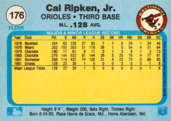 1982 Fleer #176 Cal Ripken, Jr. Back