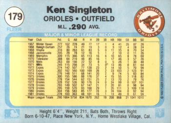 1982 Fleer #179 Ken Singleton Back