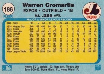1982 Fleer #186 Warren Cromartie Back