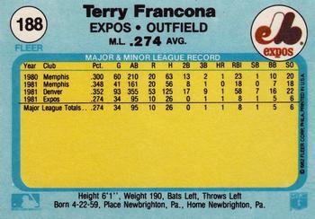 1982 Fleer #188 Terry Francona Back