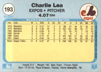 1982 Fleer #193 Charlie Lea Back