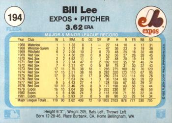 1982 Fleer #194 Bill Lee Back
