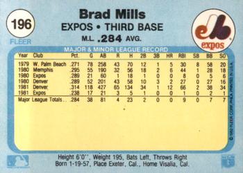 1982 Fleer #196 Brad Mills Back