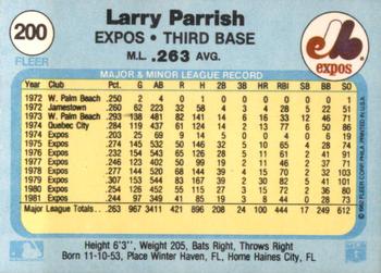 1982 Fleer #200 Larry Parrish Back