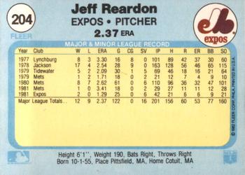 1982 Fleer #204 Jeff Reardon Back