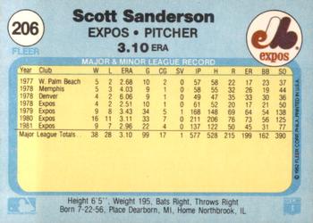1982 Fleer #206 Scott Sanderson Back