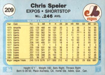 1982 Fleer #209 Chris Speier Back
