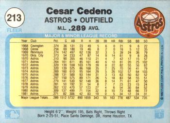1982 Fleer #213 Cesar Cedeno Back