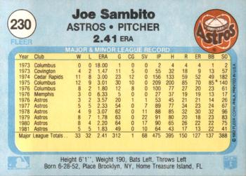 1982 Fleer #230 Joe Sambito Back