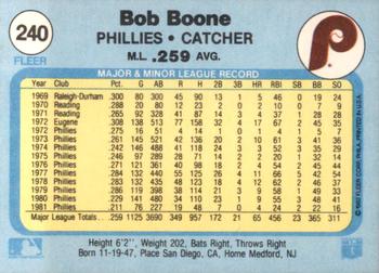 1982 Fleer #240 Bob Boone Back