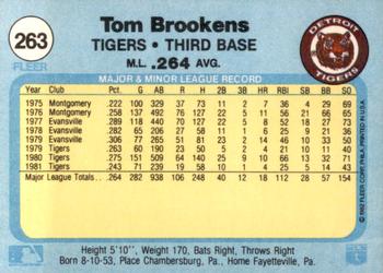 1982 Fleer #263 Tom Brookens Back