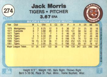 1982 Fleer #274 Jack Morris Back