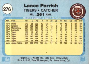 1982 Fleer #276 Lance Parrish Back