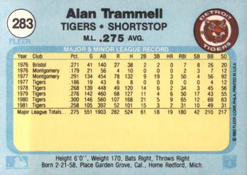 1982 Fleer #283 Alan Trammell Back