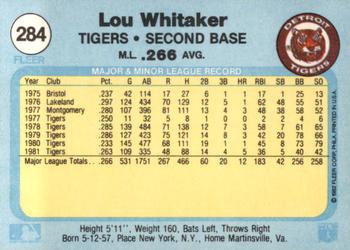 1982 Fleer #284 Lou Whitaker Back
