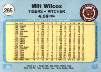 1982 Fleer #285 Milt Wilcox Back