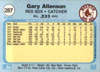 1982 Fleer #287 Gary Allenson Back