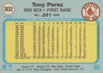 1982 Fleer #302 Tony Perez Back