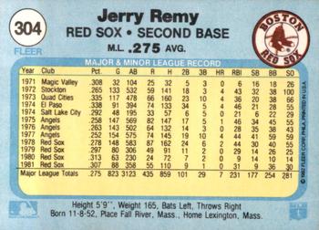 1982 Fleer #304 Jerry Remy Back
