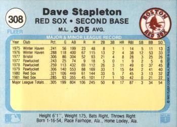 1982 Fleer #308 Dave Stapleton Back