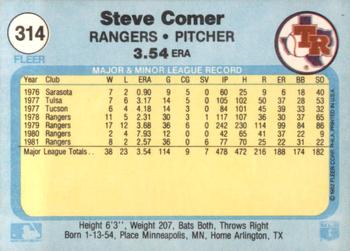 1982 Fleer #314 Steve Comer Back