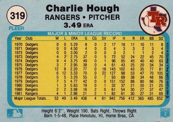 1982 Fleer #319 Charlie Hough Back