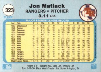 1982 Fleer #323 Jon Matlack Back