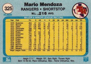 1982 Fleer #325 Mario Mendoza Back