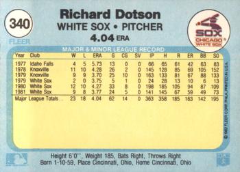 1982 Fleer #340 Richard Dotson Back