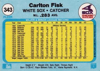 1982 Fleer #343 Carlton Fisk Back