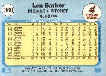 1982 Fleer #360 Len Barker Back