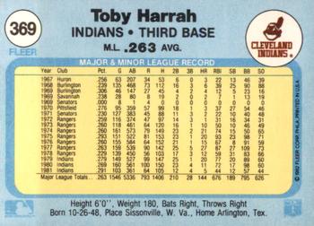 1982 Fleer #369 Toby Harrah Back