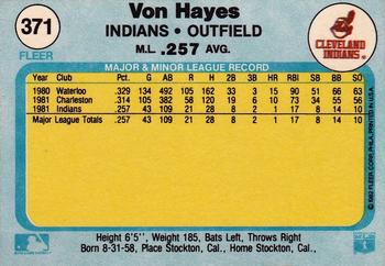 1982 Fleer #371 Von Hayes Back