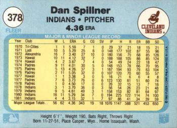 1982 Fleer #378 Dan Spillner Back