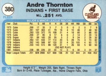 1982 Fleer #380 Andre Thornton Back