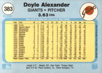 1982 Fleer #383 Doyle Alexander Back